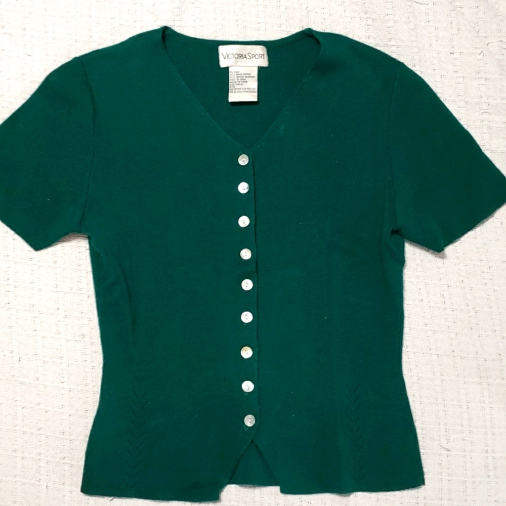 Victoria Sport  green short sleeve button up sweater